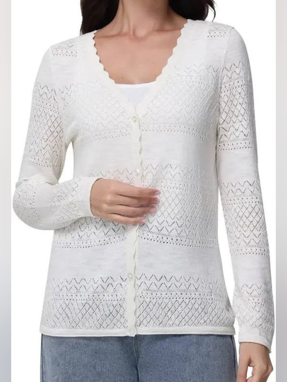 Frye Openwork Crochet V-Neck Cream Cardigan Sweater